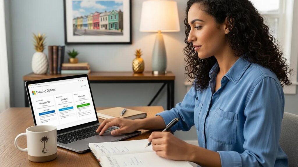 Business owner in Charleston reviewing Microsoft 365 licensing options on a laptop in a cozy office