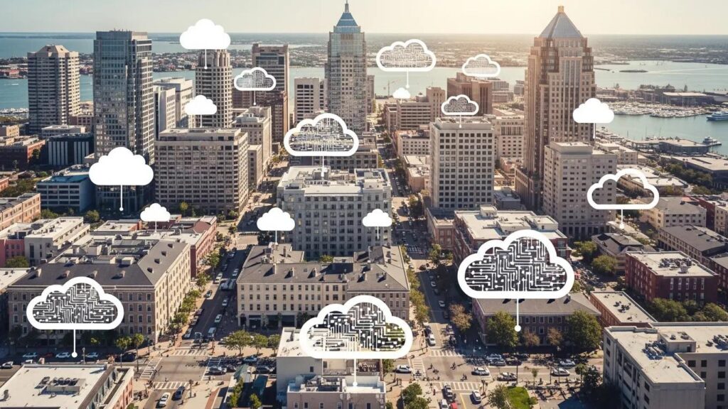 Charleston business district with cloud icons, illustrating benefits of cloud managed services
