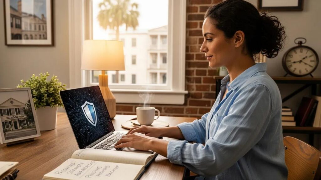 Charleston small business owner focusing on cybersecurity measures in a cozy office