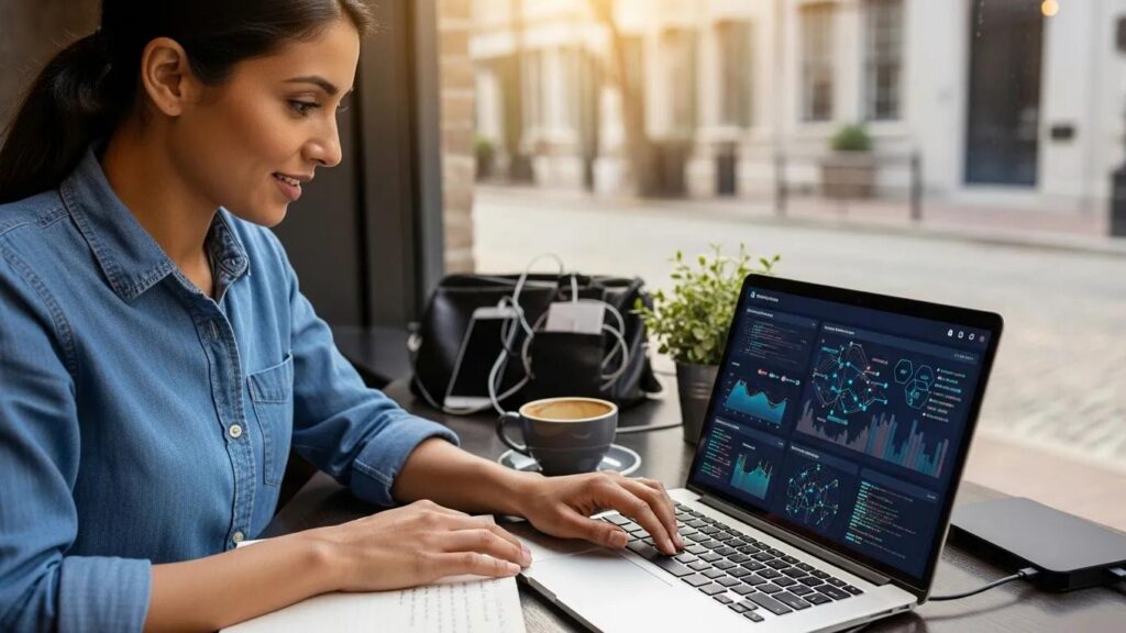 Charleston small business owner using cybersecurity tools on a laptop in a local caf&eacute;