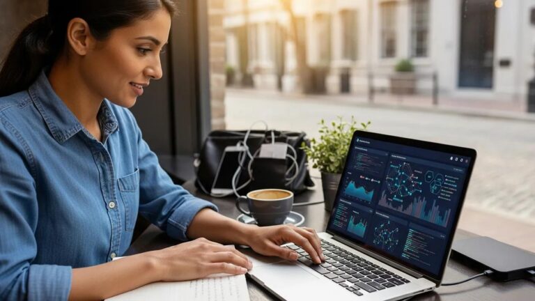 Charleston small business owner using cybersecurity tools on a laptop in a local caf&eacute;