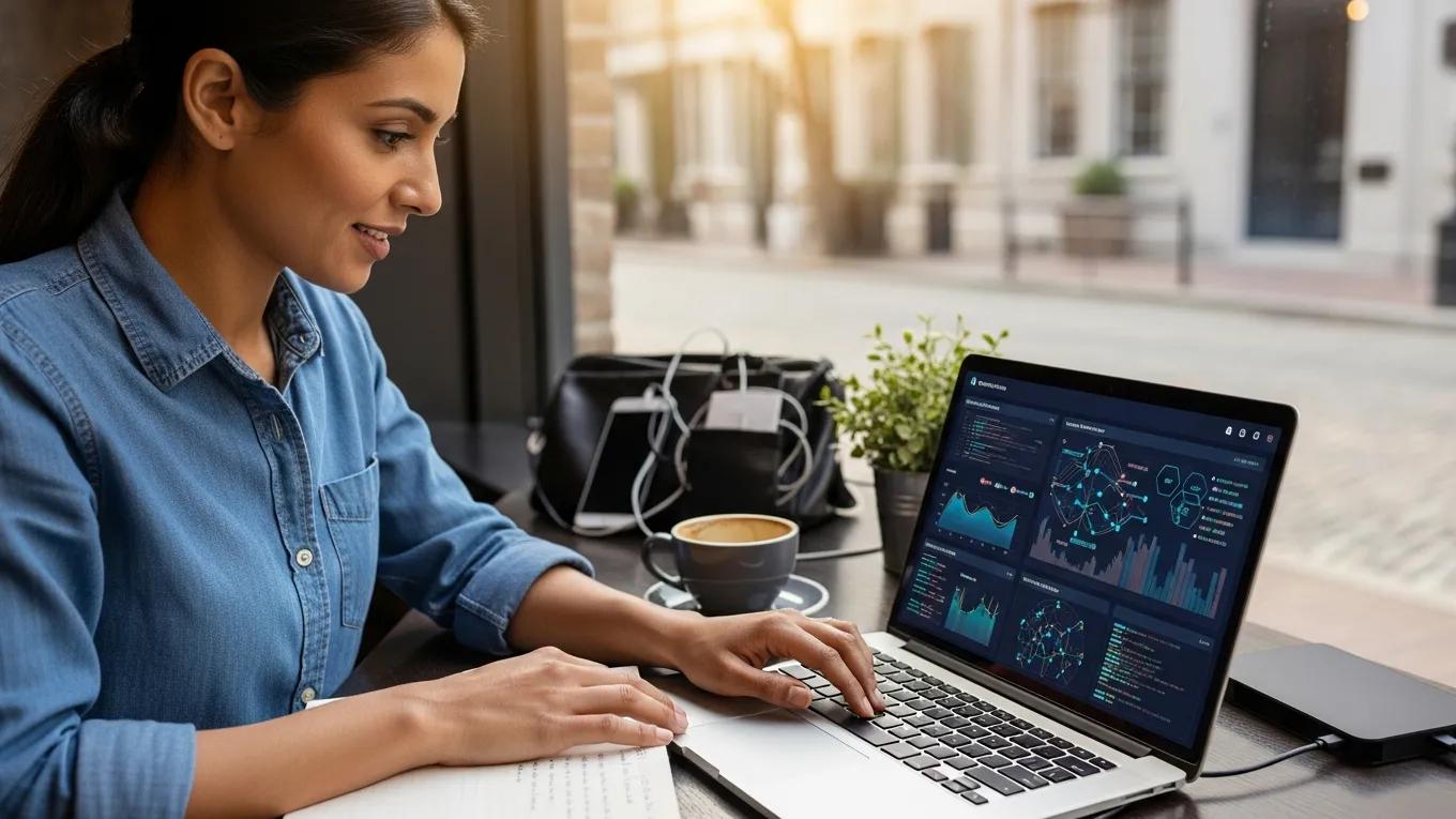 Charleston small business owner using cybersecurity tools on a laptop in a local café