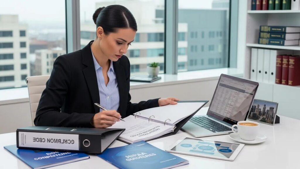 Compliance officer reviewing cloud migration regulations and guidelines