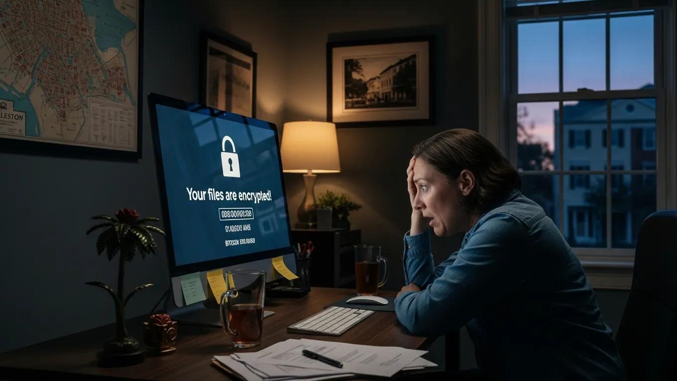 Concerned Charleston small business owner facing a ransomware warning on their computer