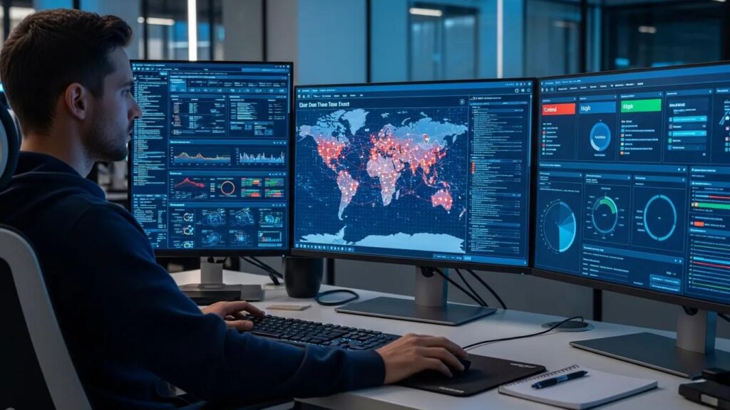 Cybersecurity analyst monitoring threats in a modern IT environment