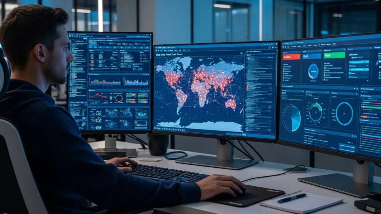 Cybersecurity analyst monitoring threats in a modern IT environment