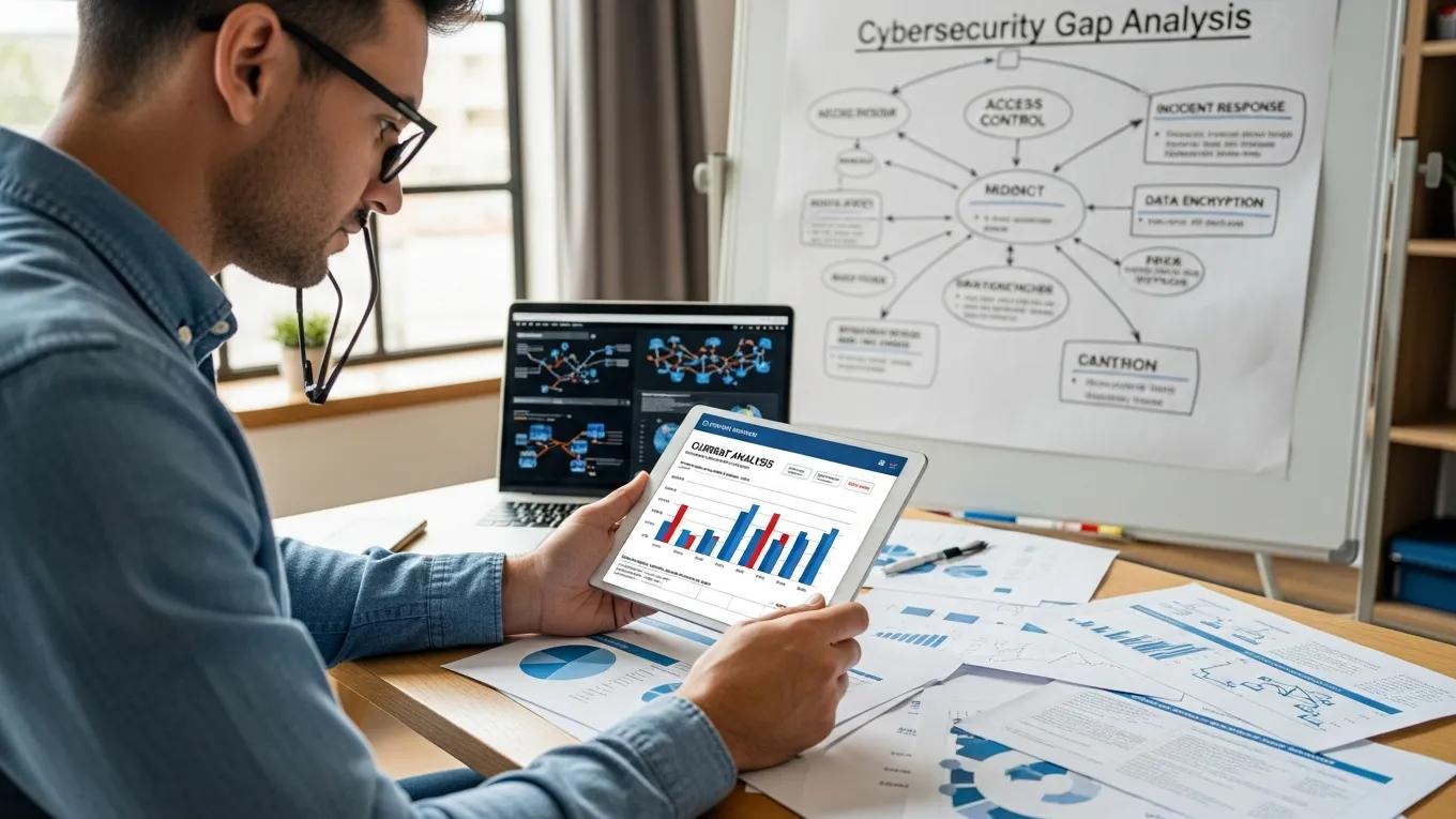 Cybersecurity expert conducting a gap analysis in a small business environment