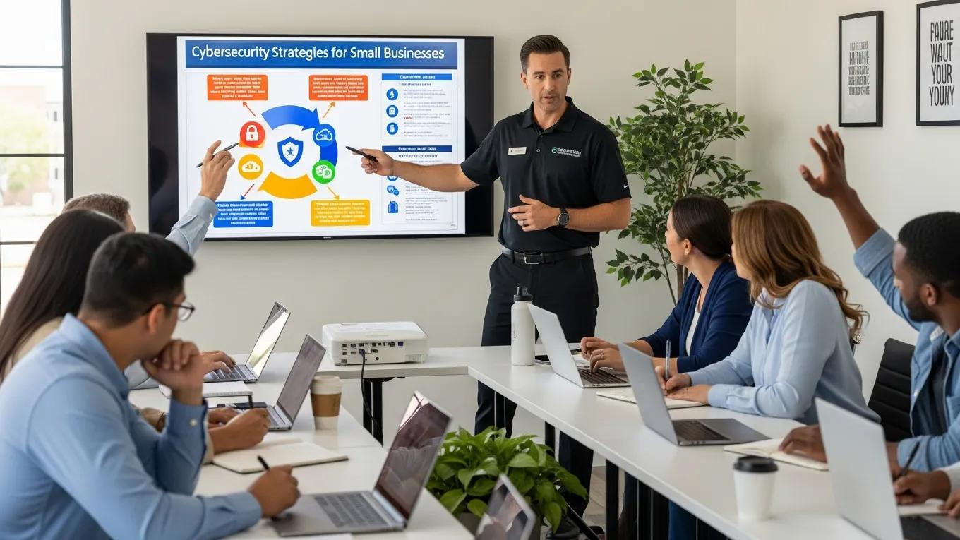 Cybersecurity expert training small business employees on risk mitigation strategies