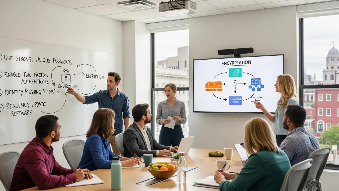 Employees in a Charleston office engaged in cybersecurity training session