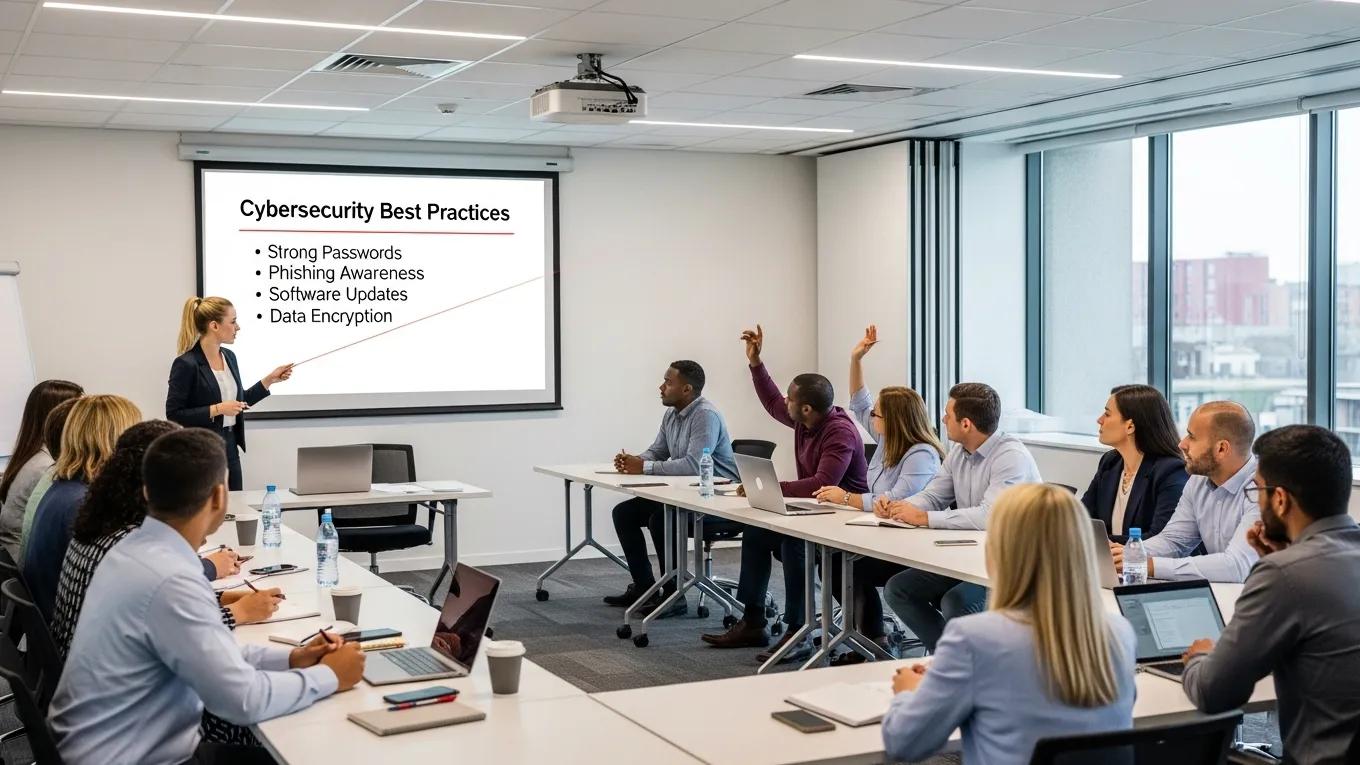 Employees participating in a cybersecurity training session focused on compliance and best practices