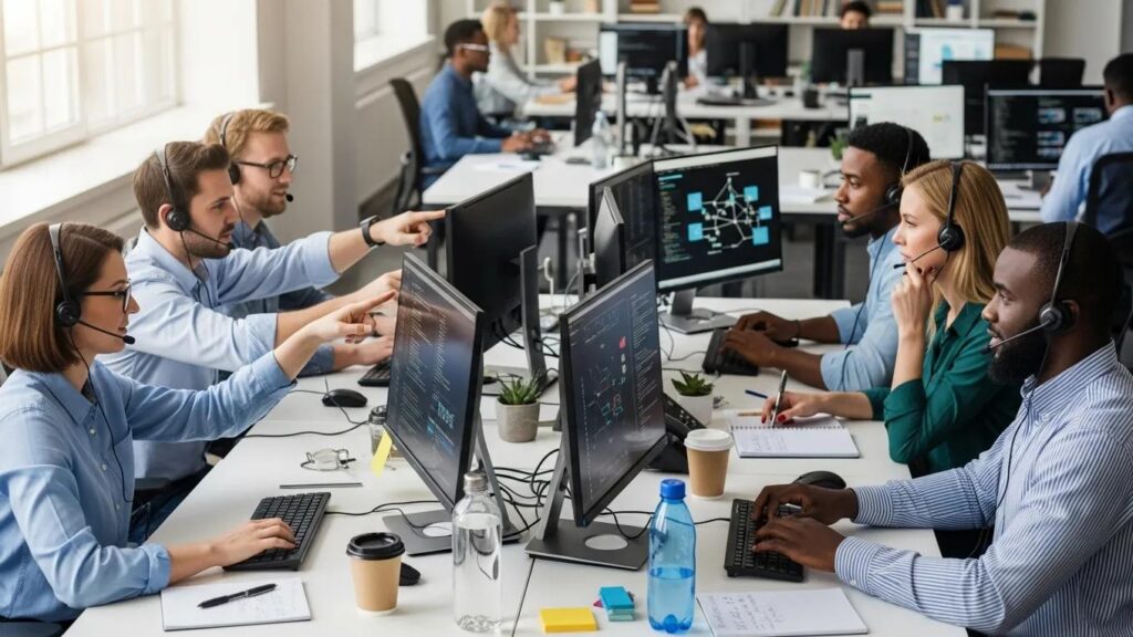 Help desk team collaborating to minimize business disruptions through rapid incident response