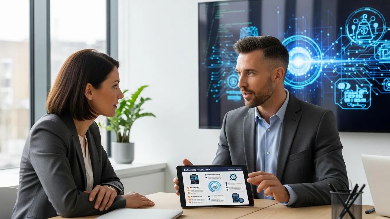 IT consultant advising a small business owner on managed security services for compliance