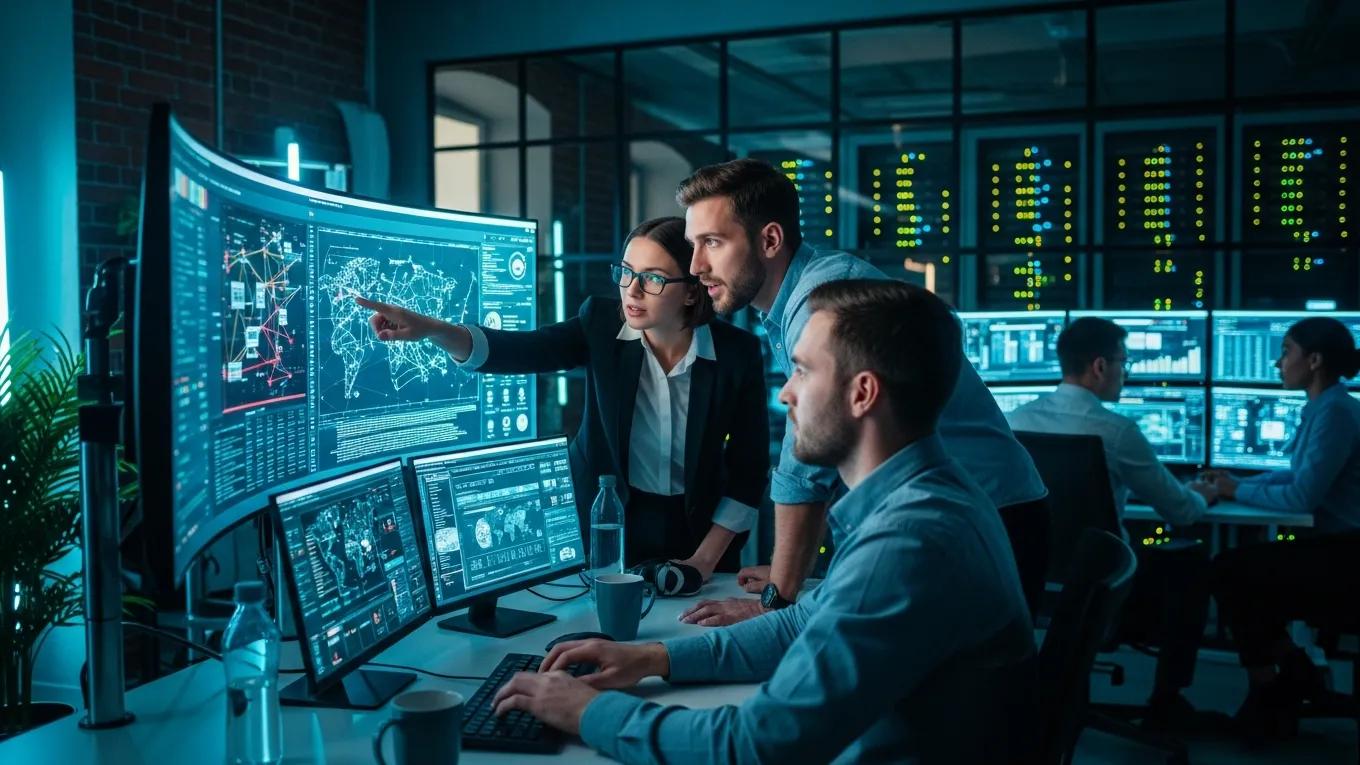 Managed cybersecurity service team monitoring systems in a modern office