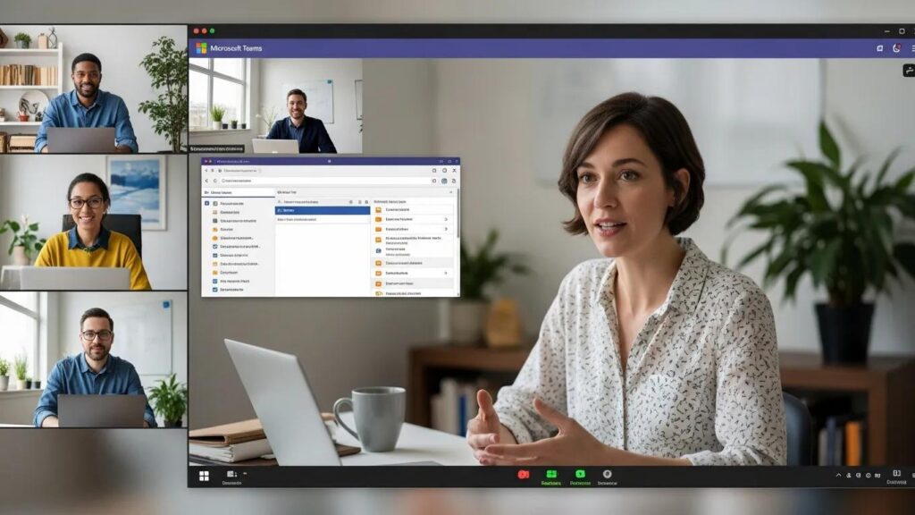 Professionals collaborating via Microsoft Teams and SharePoint in a remote setting