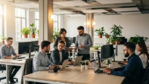 Small business team collaborating with Microsoft 365 tools in a modern office