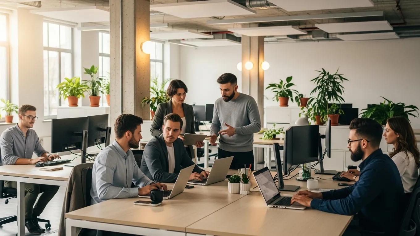 Small business team collaborating with Microsoft 365 tools in a modern office