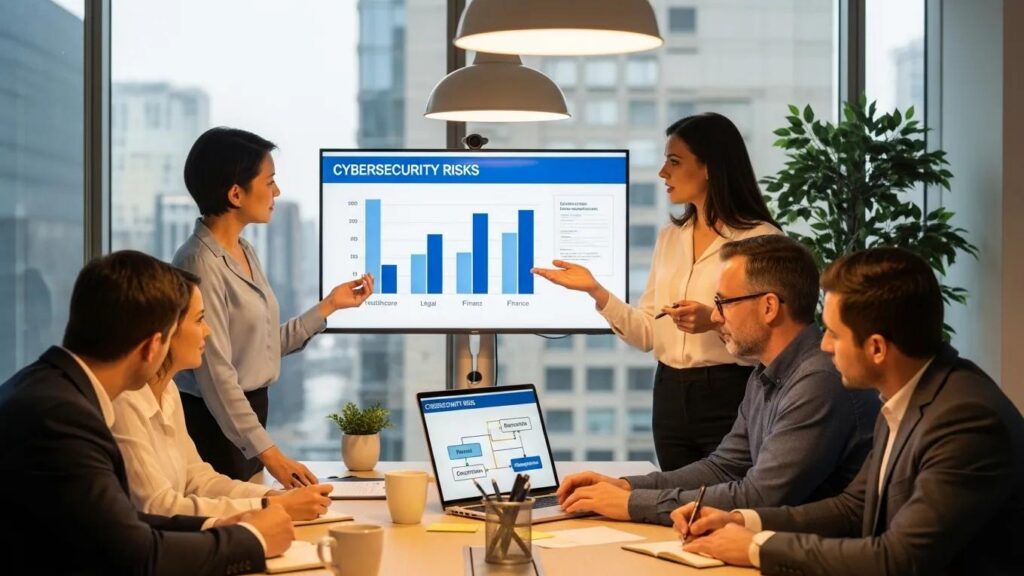 Small business team discussing cybersecurity compliance strategies in a warm office setting