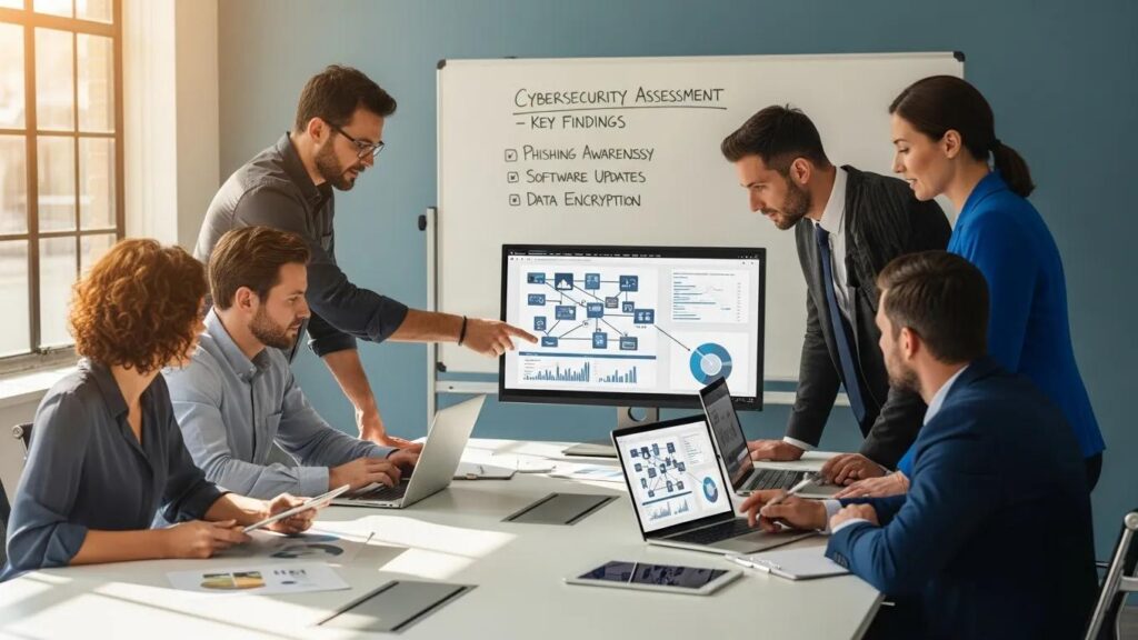 Small business team discussing cybersecurity measures in a professional office setting