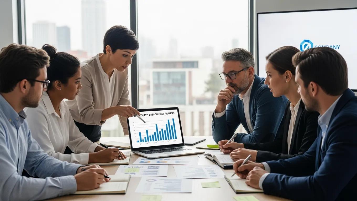 Small business team discussing financial impacts of cybersecurity breaches in a meeting room