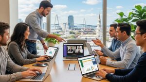Small business team in Charleston collaborating using Microsoft 365 tools in a modern office