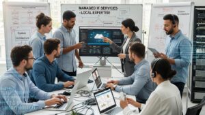 Team of IT professionals collaborating in a modern office, representing managed IT services in Charleston