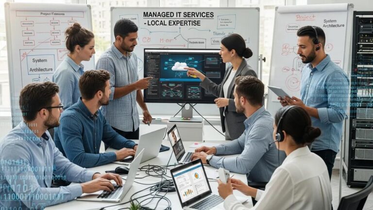 Team of IT professionals collaborating in a modern office, representing managed IT services in Charleston