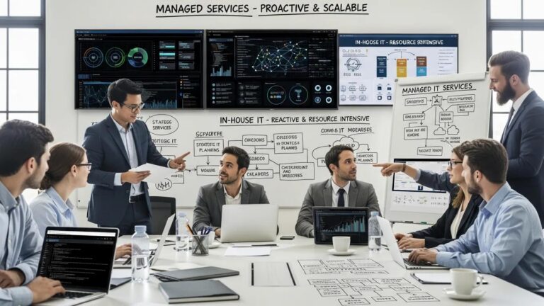 Team of IT professionals collaborating in an office setting, representing managed IT services and in-house IT teams
