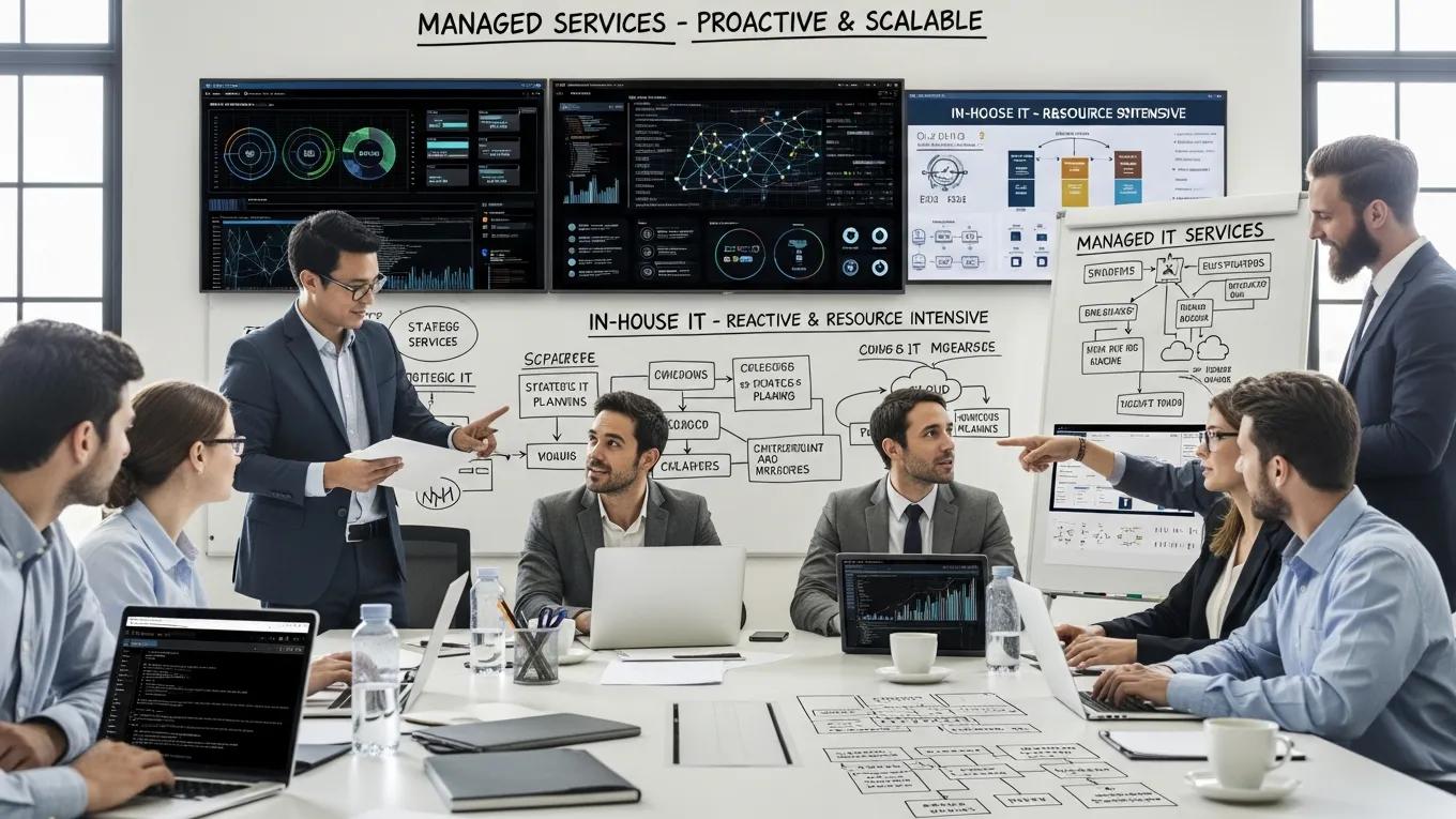 Team of IT professionals collaborating in an office setting, representing managed IT services and in-house IT teams
