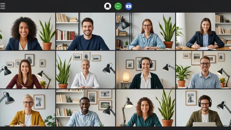 Remote team meeting via video call, showcasing collaboration challenges in a home office setting